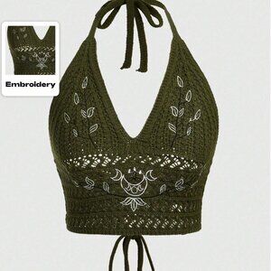 Olive Green Crochet Halter Top with Embroidery – Boho Knit Crop Top